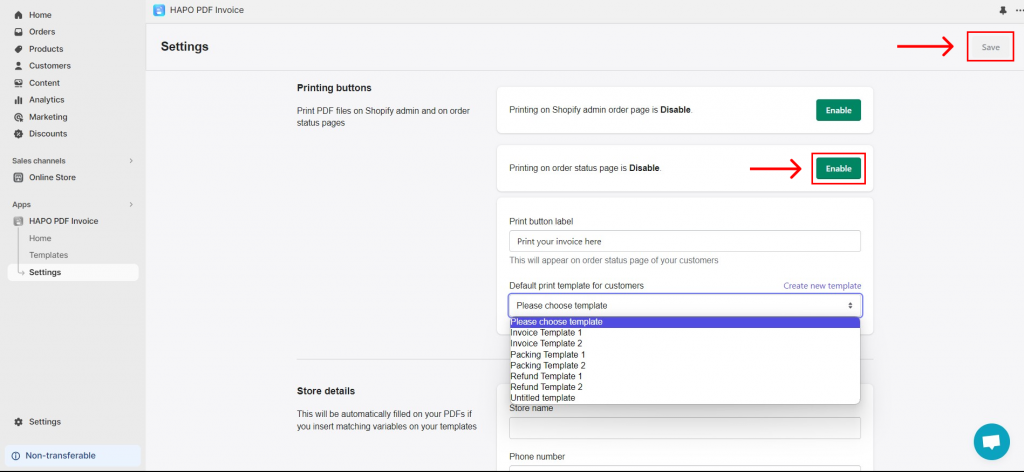 Step 2: On Settings section, Click Enable button and set up