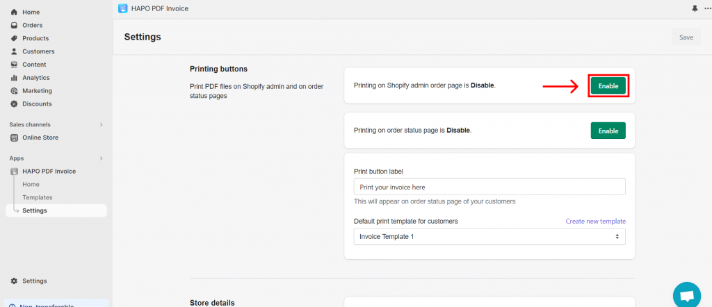 Step 2: On the Settings section, click on the Enable button.