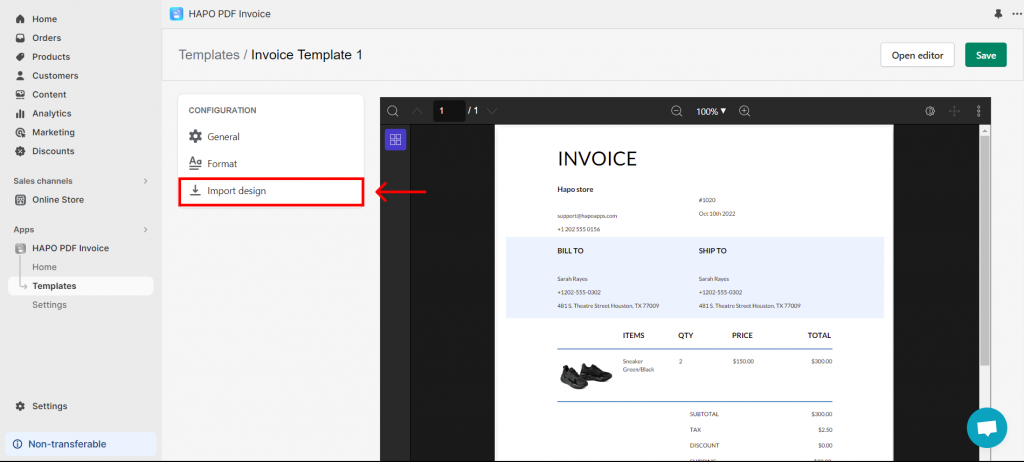 On Templates settings, click on the Import design button.