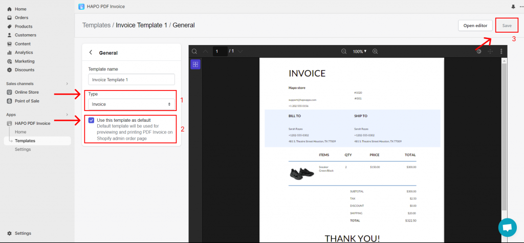 Step 4: Select Type > Click on the checkbox Use this template as default > Click the Save button.