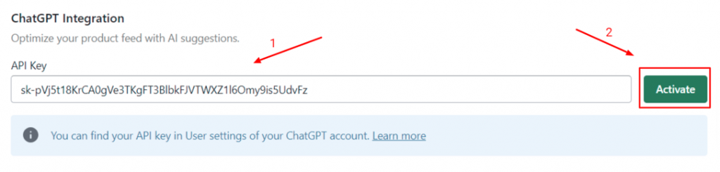 To activate ChatGPT Integration, fill in the ChatGPT API key you created and click on the Activate button.